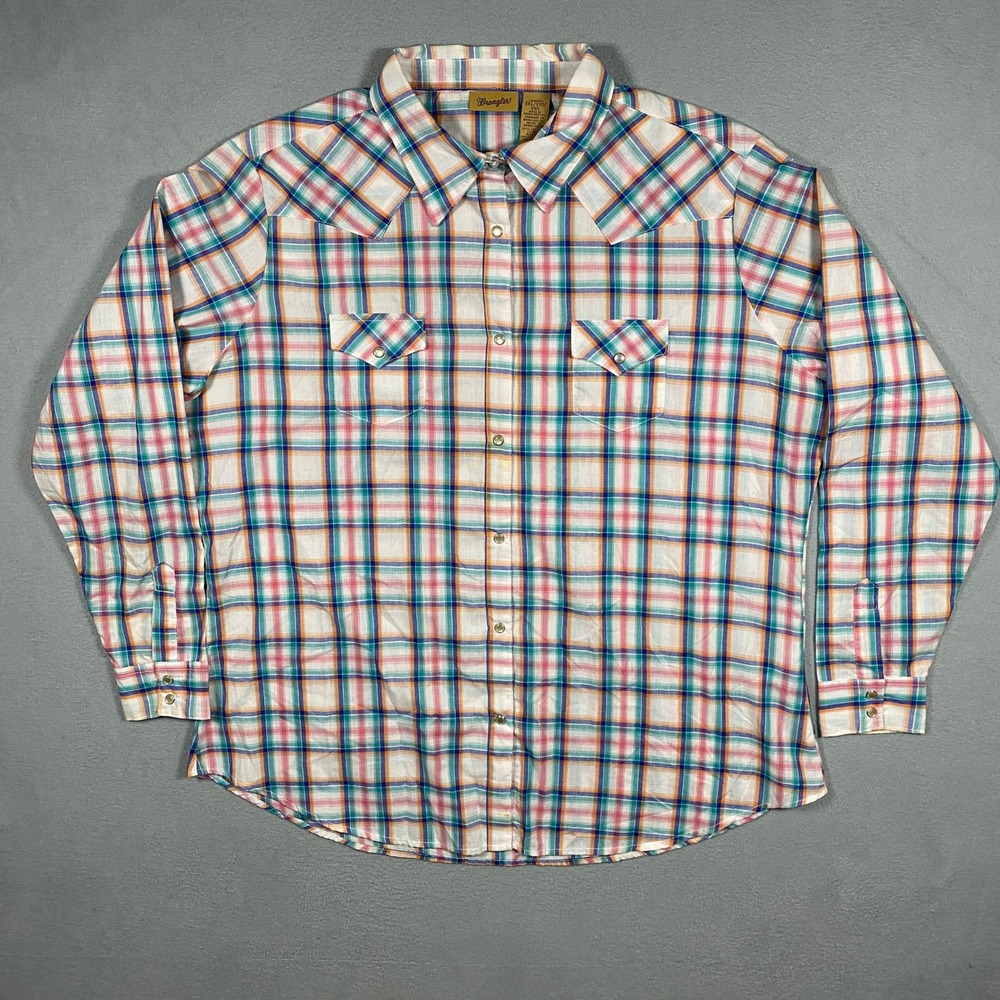 Wrangler Men's Plaid Button-Down Shirt in White, Blue, Red